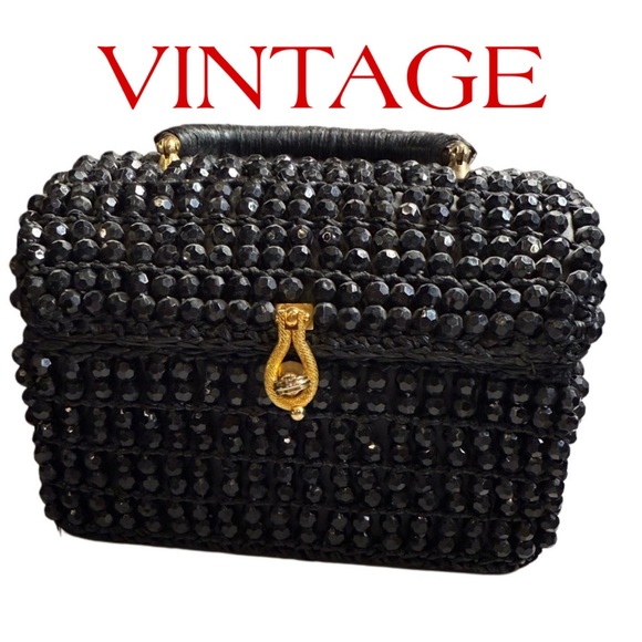 Handbags - VINTAGE ANTIQUE black beaded box Style purse Elegant Black Beaded Handbag